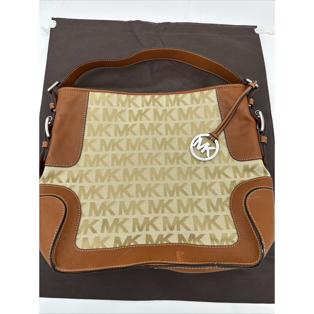 Michael Kors Brookville Large Shoulder Bag MK Logo Jacquard Beige Brown